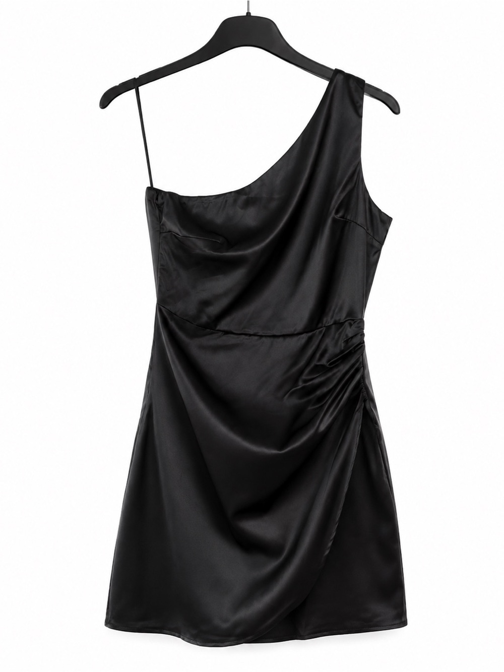 Ciao New Black Satin One Shoulder Ruched Draped Cocktail Mini Dress Small NWOT